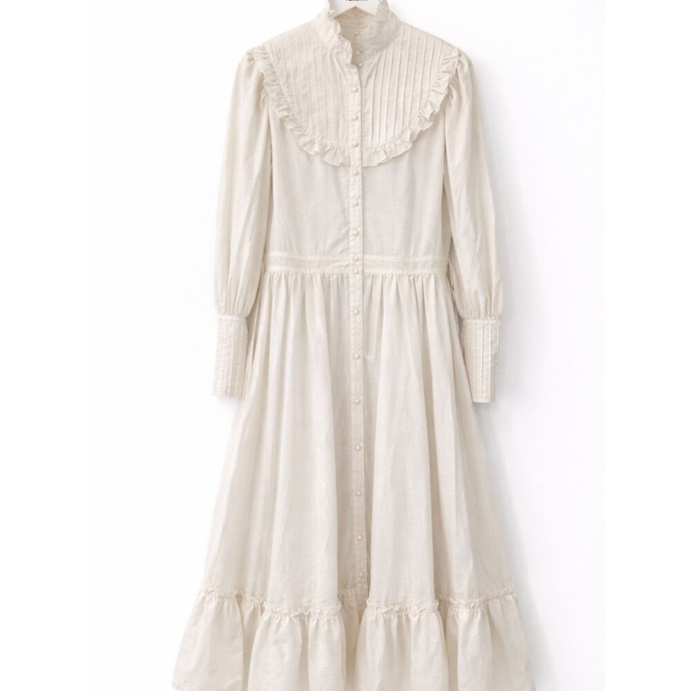 Cottagecore Prairie Dress Ivory Ruffle Collar Victorian Long Vintage Style S/M